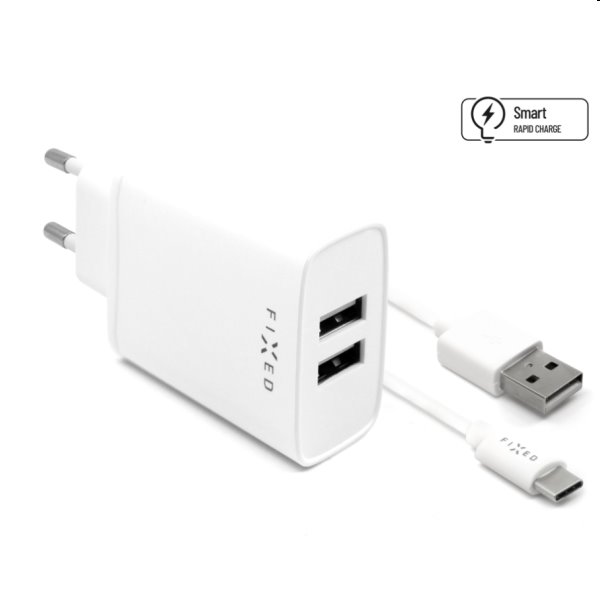 FIXED Travel töltő Smart Rapid Charge with 2 x USB,15W + Data Cabel USB/USB-C 1m, fehér - OPENBOX (Bontott csomagolás, teljes gara