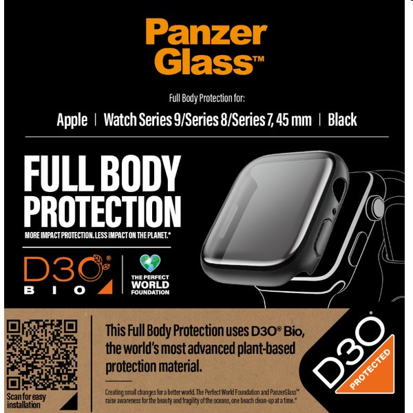 Full Body D3O PanzerGlass edzett üveg Apple Watch 9/8/7 45 mm számára, fekete