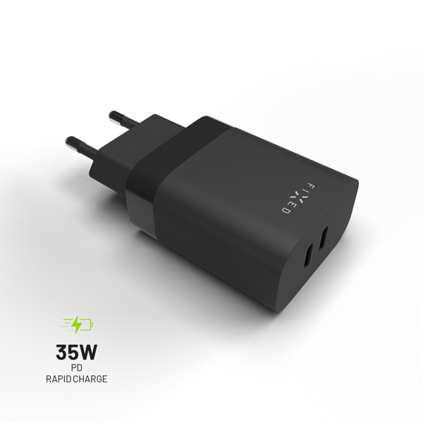 FIXED Travel Charger with 2x USB-C, PD, 35W, black, vystavený, záruka 21 mesiacov