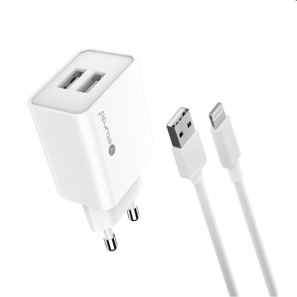 Sturdo Hálózati töltő 2,1A 2xUSB + töltőkábel USB/lightning, fehér