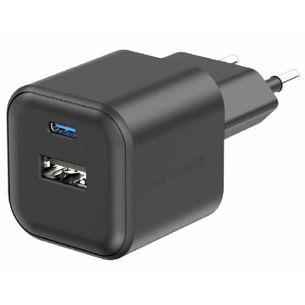 SWISSTEN GaN network adapter 1x USB-C 20 W PD + 1x USB-A 18 W QC, fekete