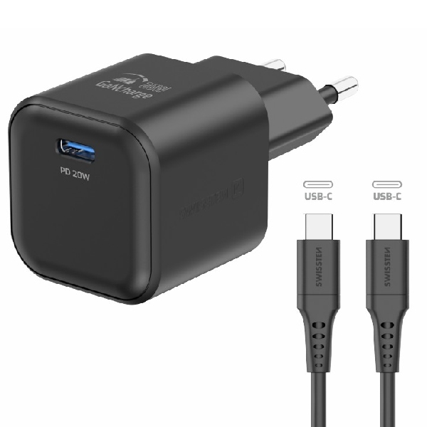 SWISSTEN GaN hálózati adapter 1x USB-C 20 W PD, fekete + adatkábel USB-C/USB-C 1,2 m, fekete