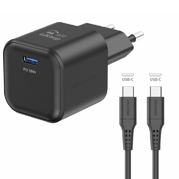 SWISSTEN GaN network adapter 1x USB-C 35 W PD, fekete + adatkábel USB-C/USB-C 1,2 m, fekete