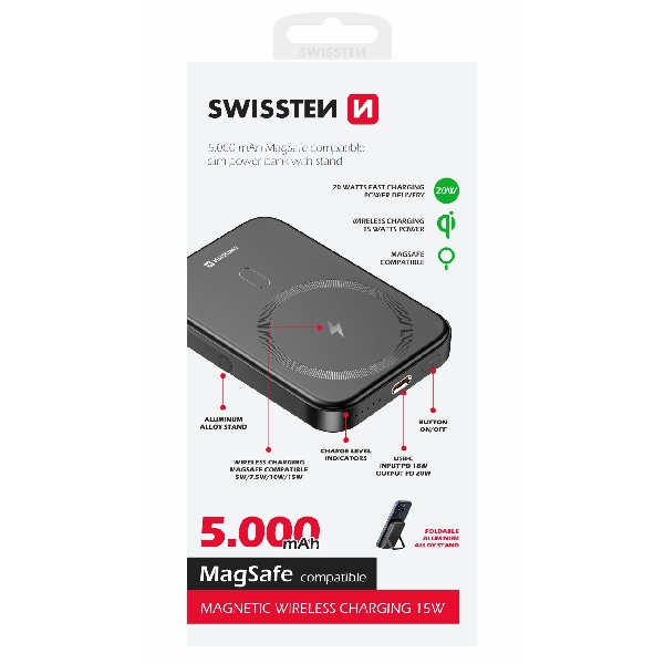 Swissten Powerbanka 20 W 5000 mAh (kompatibilný s MagSafe), PD, čierna