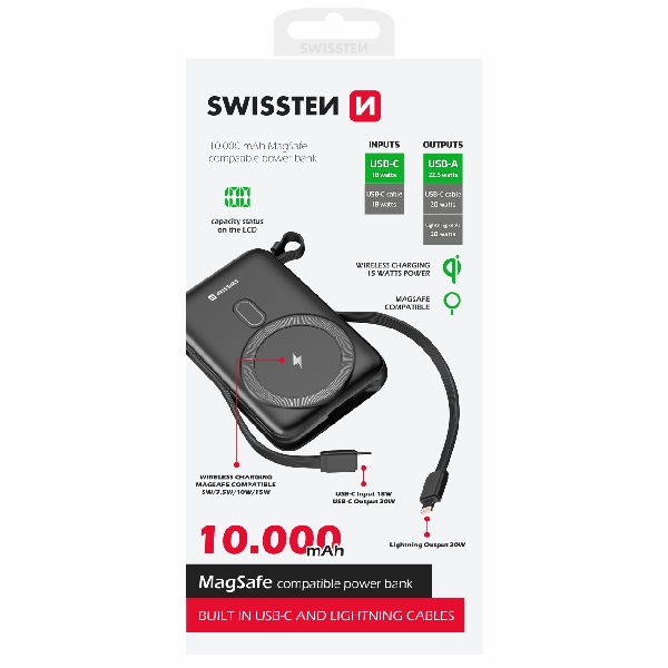 Swissten Powerbank 20 W 10000 mAh (MagSafe kompatibilis) integrált USB-C  és lightning kábelekkel, PD, fekete