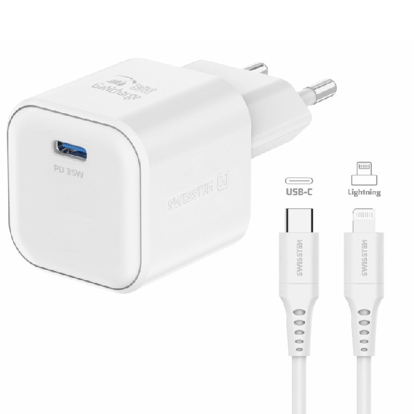 SWISTEN sieťový adaptér 1x USB-C 35 W PD, biely + dátový kábel USB-C/lightning 1,2 m, biely