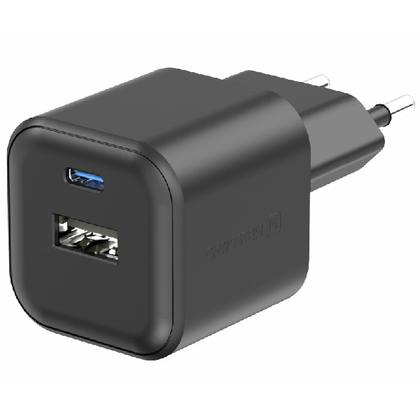 SWISTEN hálózati adapter GaN 1x USB-C 35 W PD + 1x USB-A 27 W QC, fekete