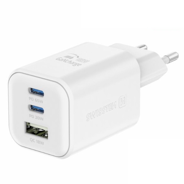 SWWISTEN sieťový adaptér GaN 2x USB-C 65 W PD + 1x USB-A 18 W QC, biely