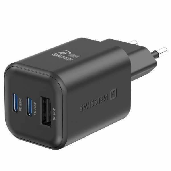 SWWISTEN hálózati adapter GaN 2x USB-C 65 W PD + 1x USB-A 18 W QC, fekete