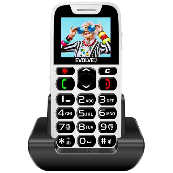 Evolveo EasyPhone, mobilný telefón pre seniorov s nabíjacím stojanom, biely