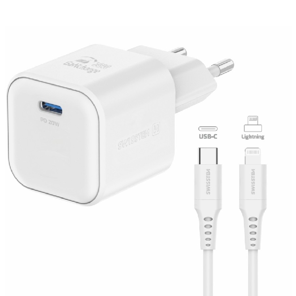 SWISSTEN GaN network adapter 1x USB-C 20 W PD, white + Data cable USB-C/Lighting 1,2 m, white, vystavený, záruka 21 mesi