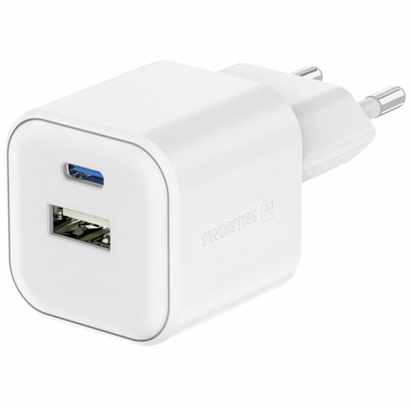 SWISSTEN GaN sieťový adaptér 1 x USB-C 45 W PD a 1 x USB-A 18 W QC