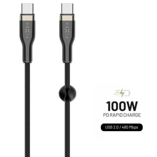 FIXED Fonott töltő-, és adatkábel USB-C/USB-C PD támogatással, 1,2 m, USB 2.0, 100 W, fekete