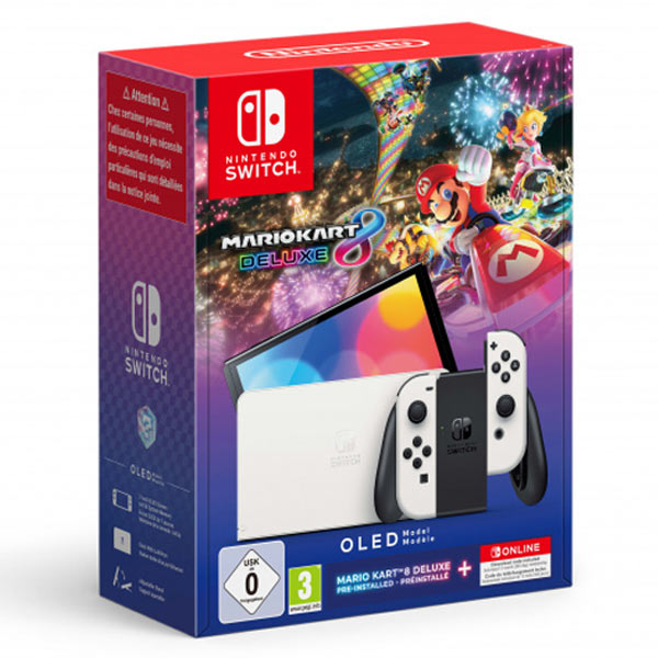 Nintendo Switch (OLED Model), white + Mario Kart 8 Deluxe + 12 month subscription for NSO, kiállított, 21 hónap garancia