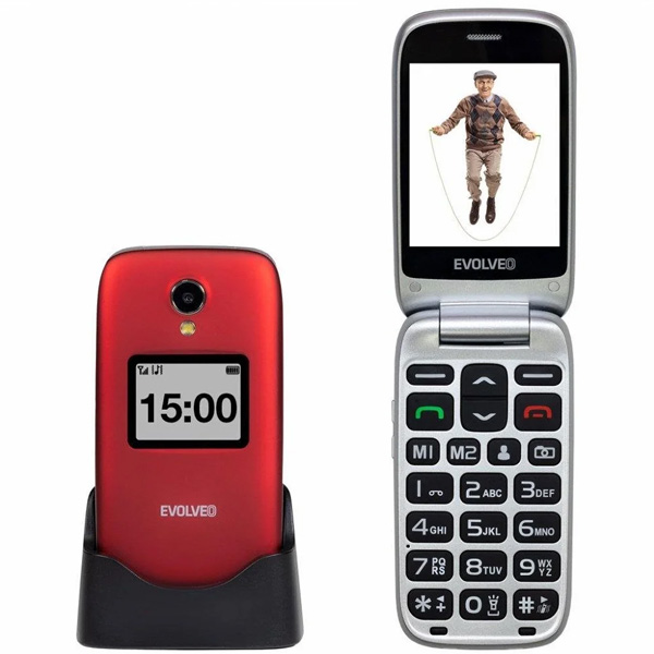 Evolveo EasyPhone FS, kihajthatós 2.8" mobiltelefon időseknek töltőállvánnyal, piros