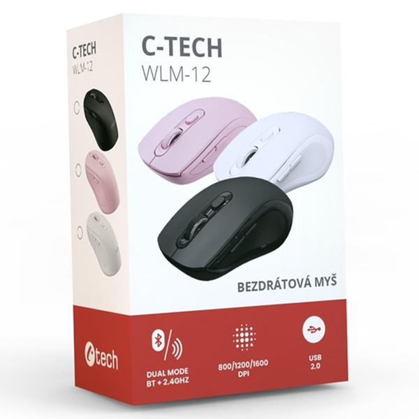 Vezeték nélküli egér C-Tech WLM-12, duálny mód, BT5.0, USB, 1600 DPI, fekete