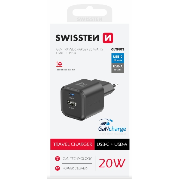 SWISSTEN GaN network adapter 1x USB-C 20 W PD + 1x USB-A 18 W QC, fekete