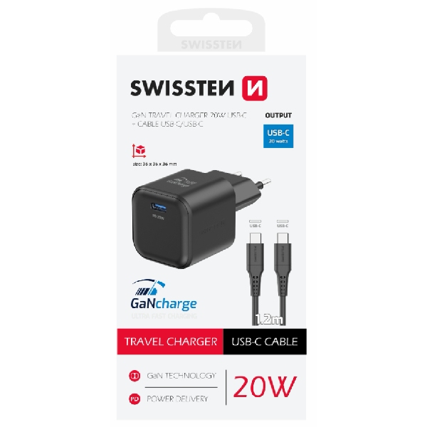 SWISSTEN GaN hálózati adapter 1x USB-C 20 W PD, fekete + adatkábel USB-C/USB-C 1,2 m, fekete