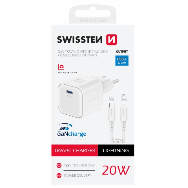 SWISSTEN GaN network adapter 1x USB-C 20 W PD, white + Data cable USB-C/Lighting 1,2 m, white