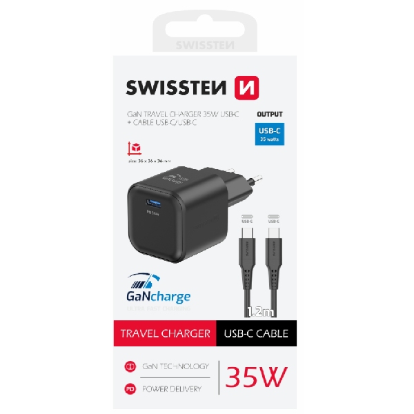 SWISSTEN GaN network adapter 1x USB-C 35 W PD, fekete + adatkábel USB-C/USB-C 1,2 m, fekete