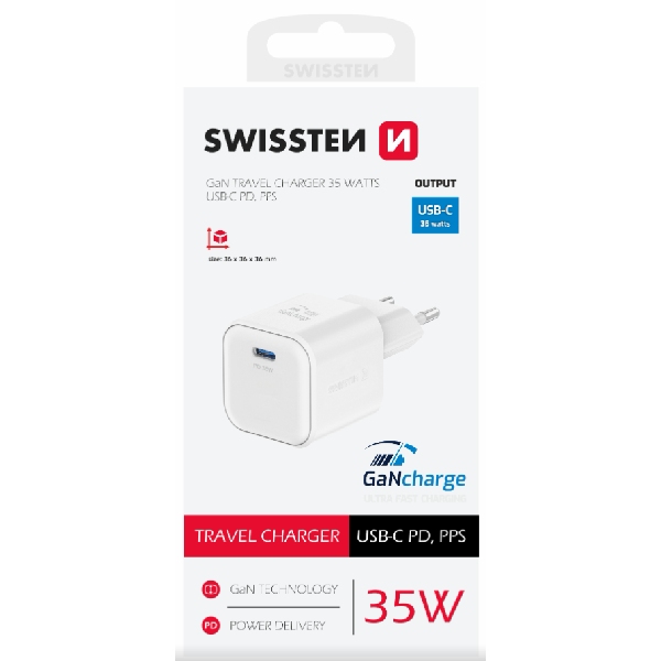 SWISSTEN GaN network adapter 1x USB-C 35 W PD, fehér