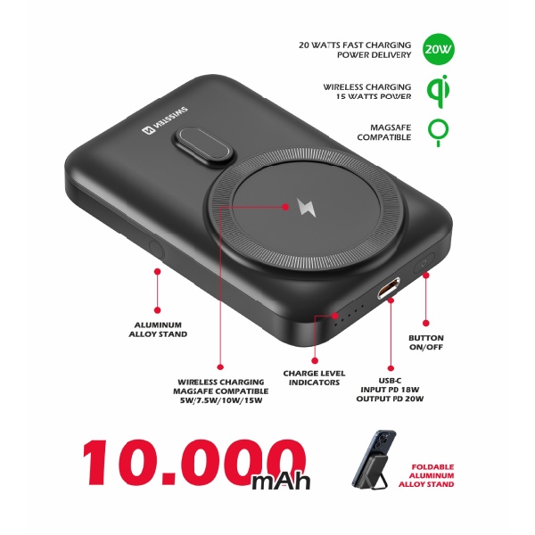 Swissten Powerbank 20 W 10000 mAh (MagSafe kompatibilis), PD, fekete