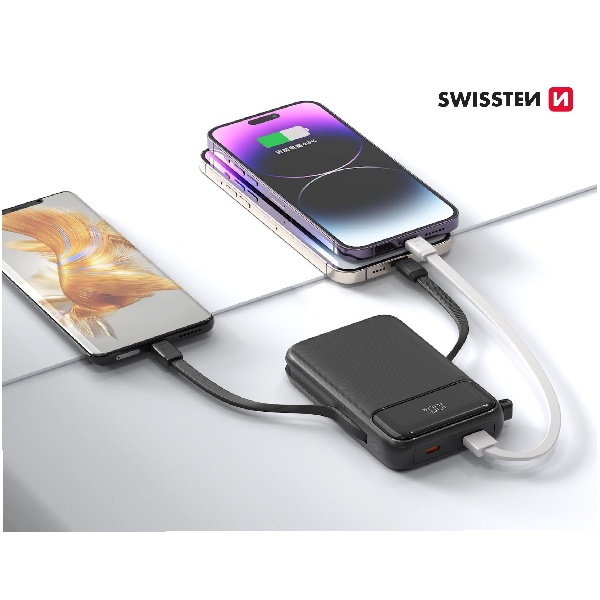 Swissten Powerbank 20 W 10000 mAh (MagSafe kompatibilis) integrált USB-C  és lightning kábelekkel, PD, fekete