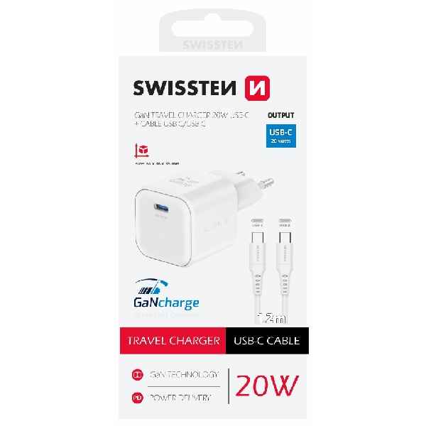 SWISSTEN GaN network adapter 1x USB-C 20 W PD, white + Data cable USB-C/USB-C 1,2 m, white