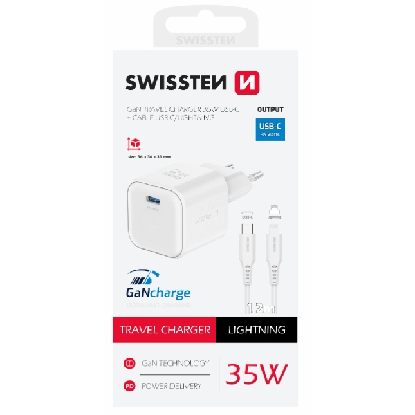 SWISTEN sieťový adaptér 1x USB-C 35 W PD, biely + dátový kábel USB-C/lightning 1,2 m, biely