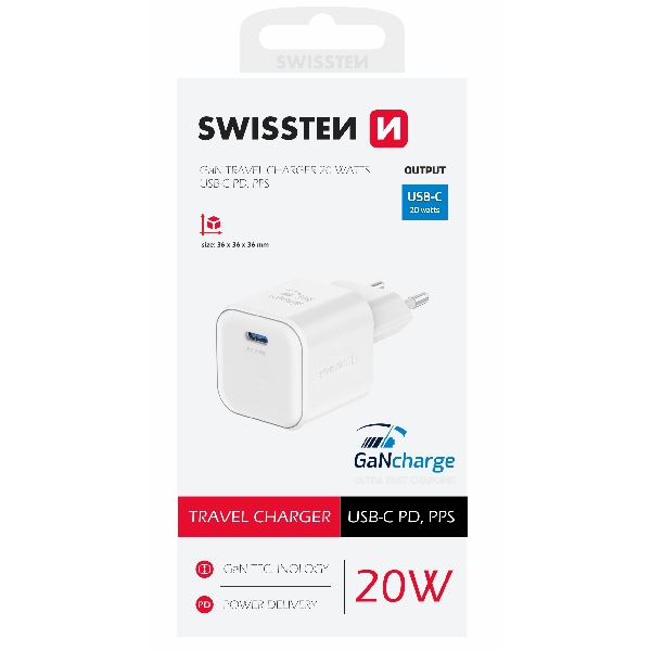 SWISTEN hálózati adapter GaN 1x USB-C 20 W PD, fehér