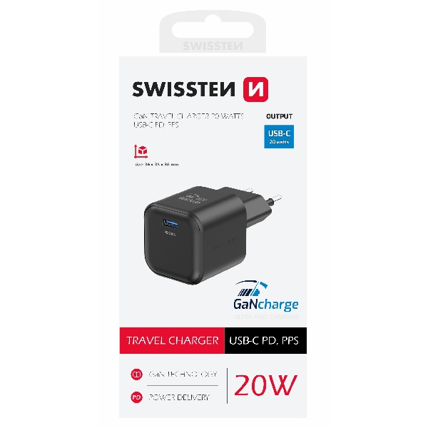 SWISTEN hálózati adapter GaN 1x USB-C 20 W PD, fekete