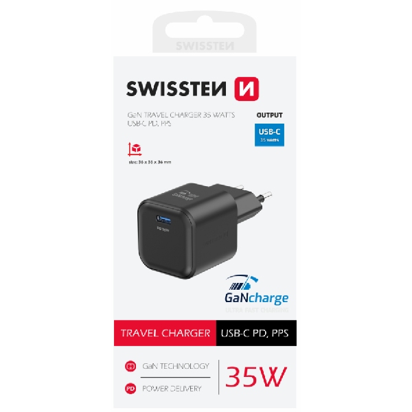 SWISTEN hálózati adapter GaN 1x USB-C 35 W PD, fekete