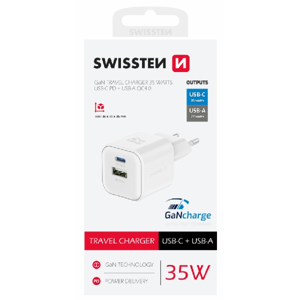 SWISTEN hálózati adapter GaN 1x USB-C 35 W PD + 1x USB-A 27 W QC, fehér