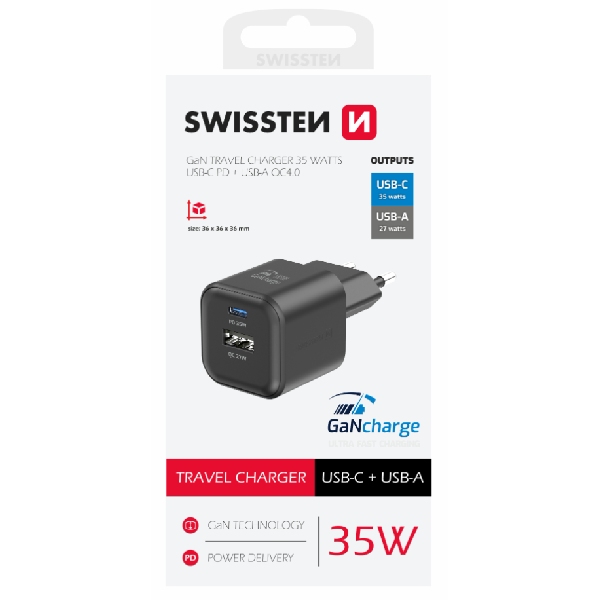 SWISTEN hálózati adapter GaN 1x USB-C 35 W PD + 1x USB-A 27 W QC, fekete