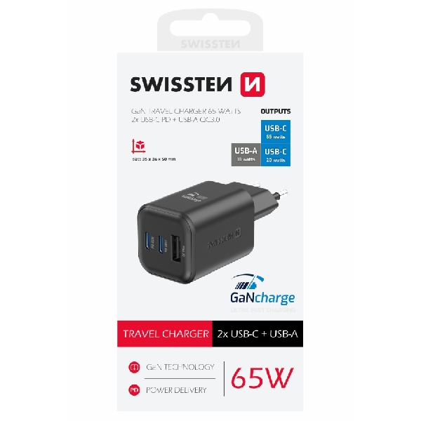 SWWISTEN hálózati adapter GaN 2x USB-C 65 W PD + 1x USB-A 18 W QC, fekete