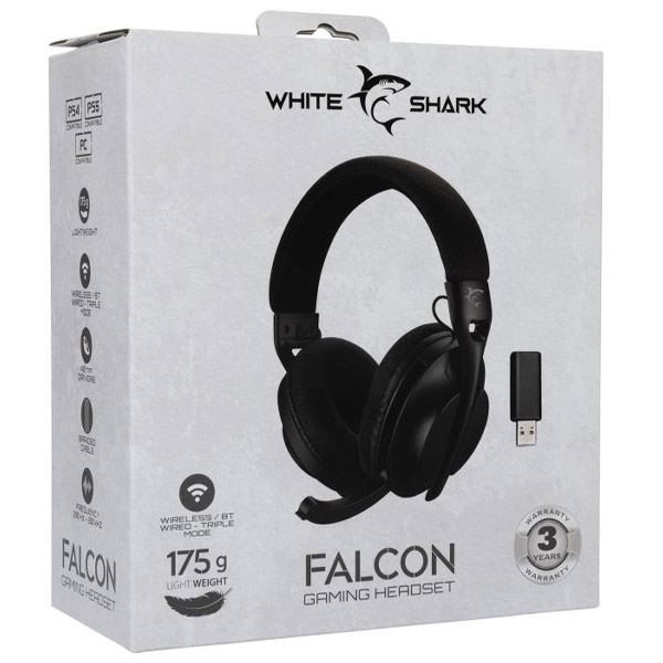 White Shark bezdrôtové herné slúchadlá FALCON, PC, PS4/PS5, Xbox, MAC, čierne