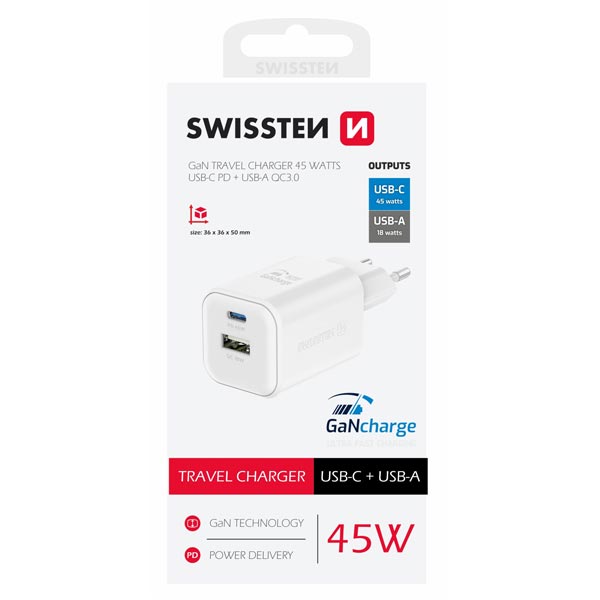 SWISSTEN GaN sieťový adaptér 1 x USB-C 45 W PD a 1 x USB-A 18 W QC